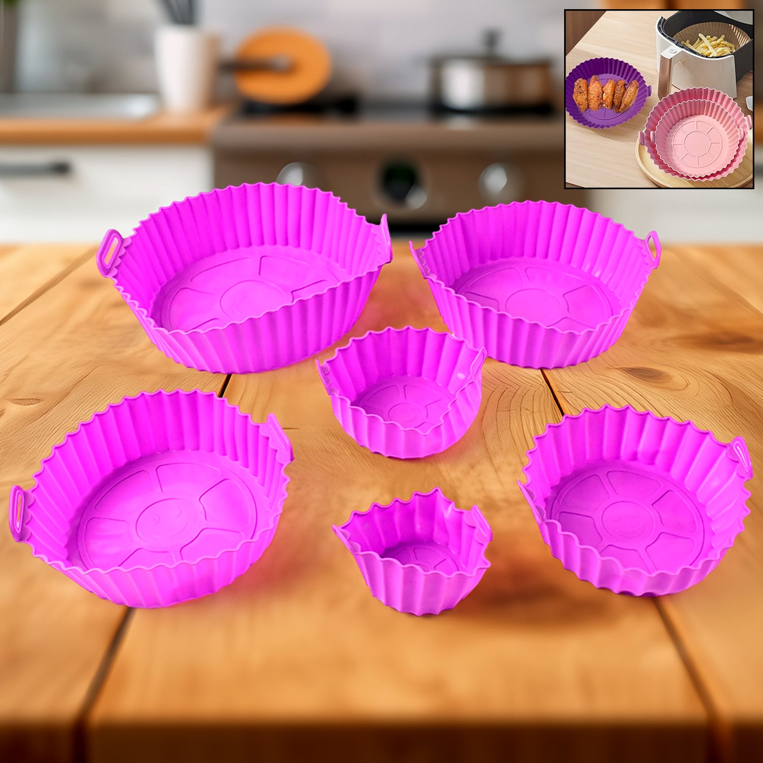 Set of six Wukusy reusable silicone air fryer pots with handles, designed for versatile home and kitchen cooking.