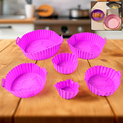 Set of six Wukusy reusable silicone air fryer pots with handles, designed for versatile home and kitchen cooking.