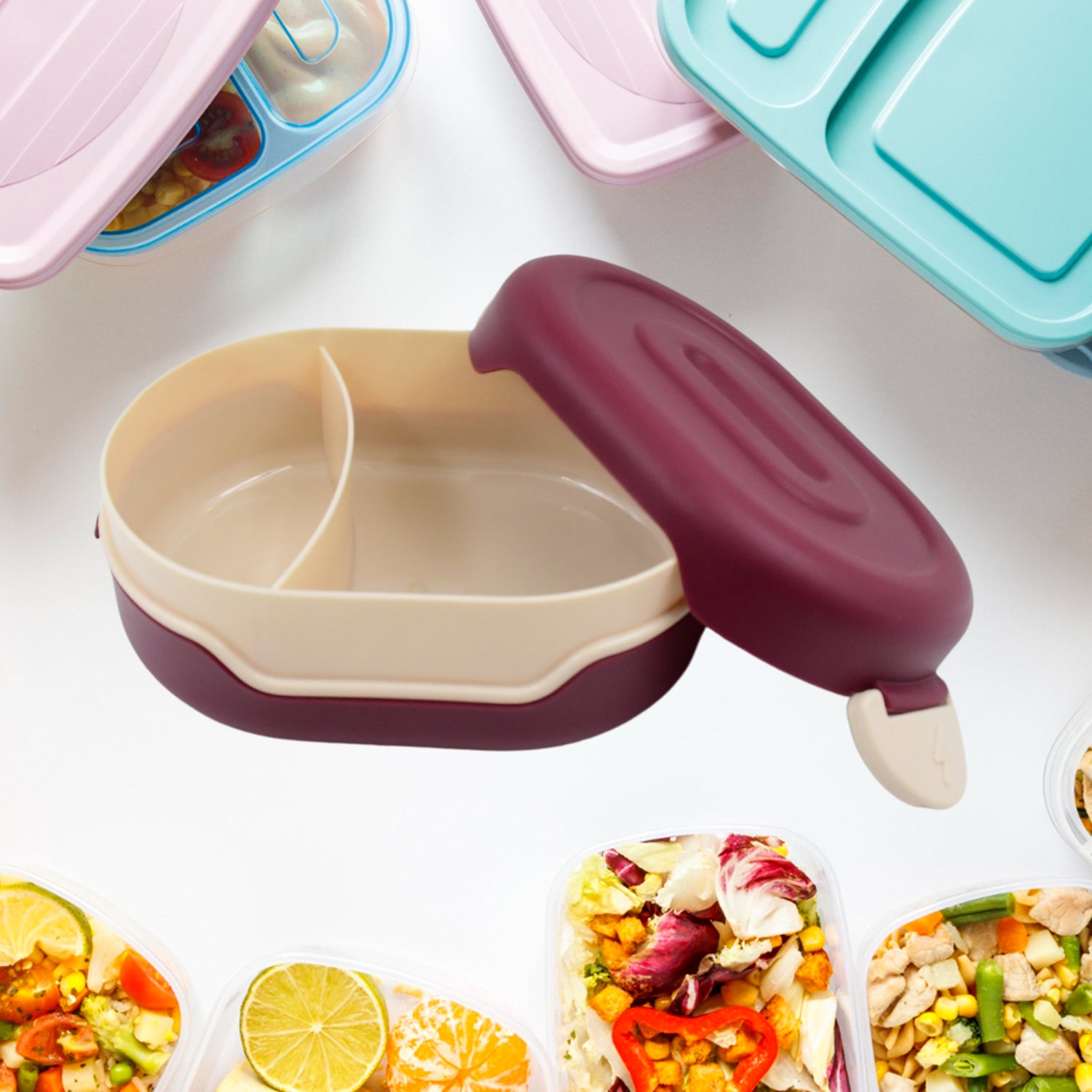 Wukusy airtight food-grade tiffin box with two compartments and a 2-in-1 spoon for home and kitchen use.