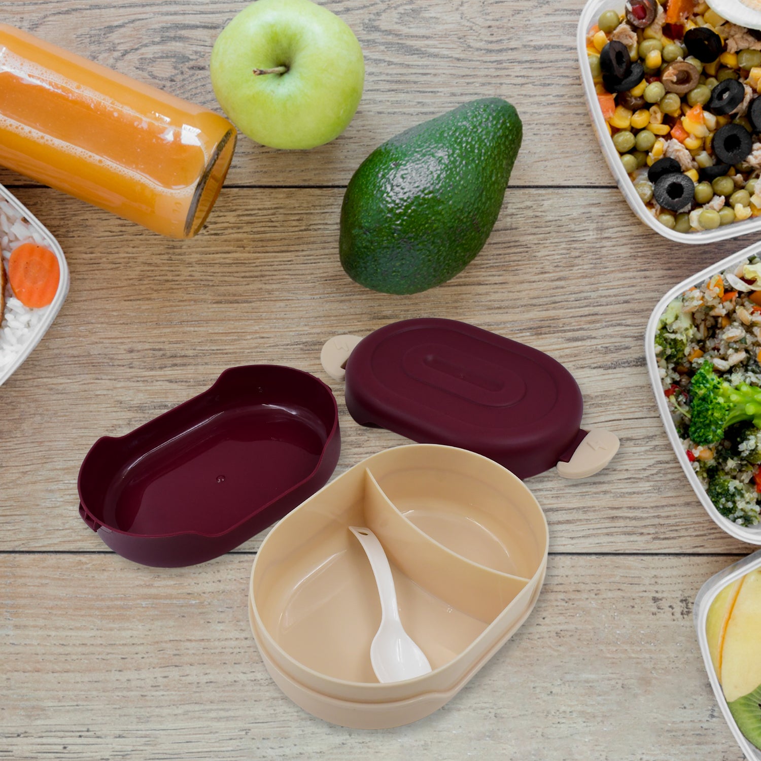 Wukusy airtight food-grade tiffin box with two compartments and 2-in-1 spoon for convenient meal storage and portability