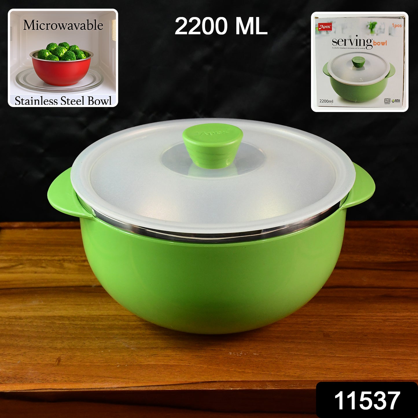 Wukusy Apex 2200ml microwave-safe plastic serving bowl with lid, ideal for kitchen food storage and serving.