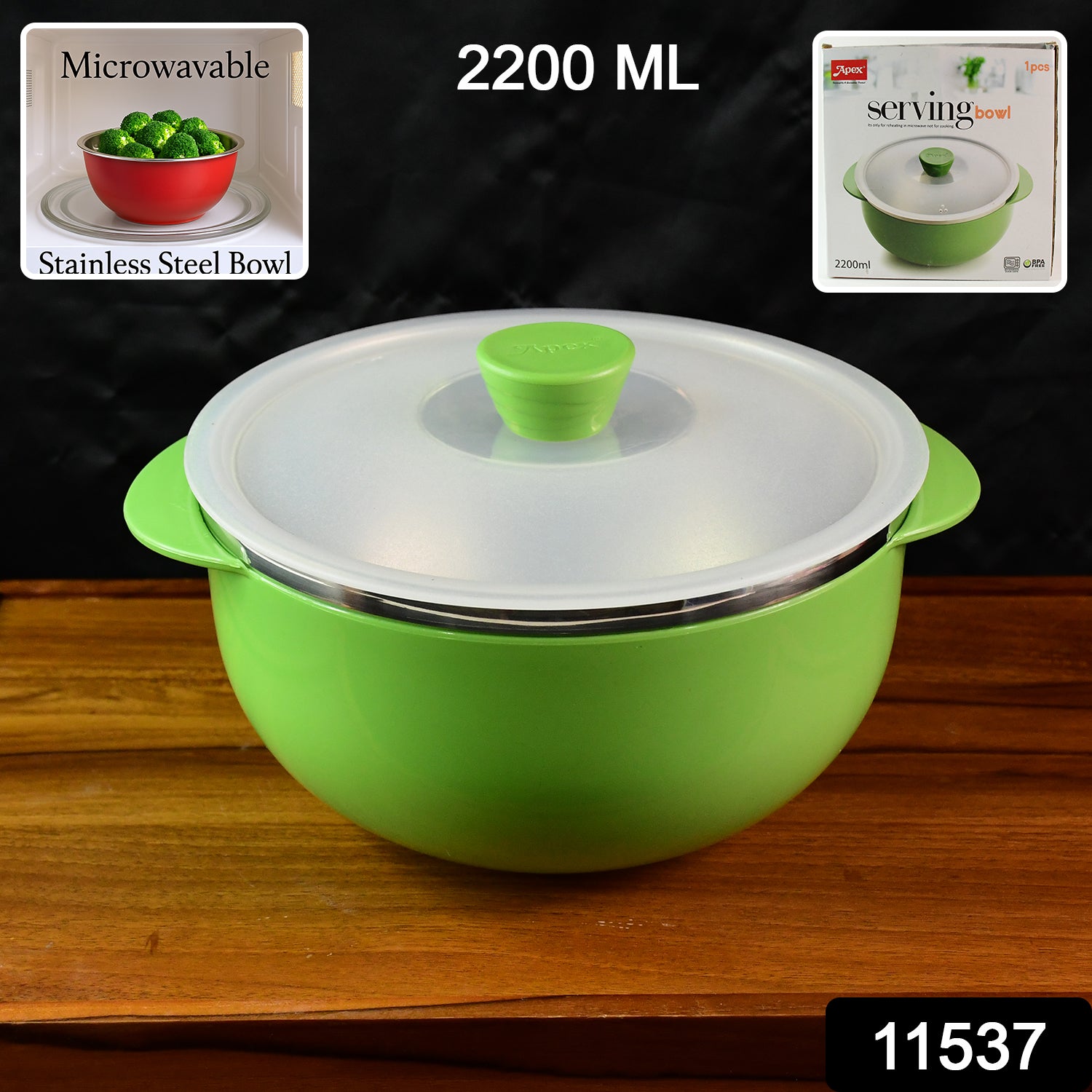 Wukusy Apex 2200ml microwave-safe plastic serving bowl with lid, ideal for kitchen food storage and serving.