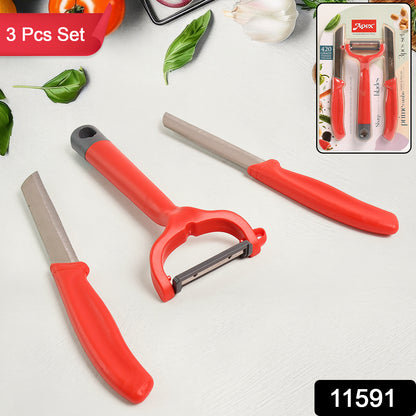 Wukusy Apex 3-piece stainless steel kitchen knife and peeler set for home cooking, includes a chef's knife, paring knife, and vegetable peeler.