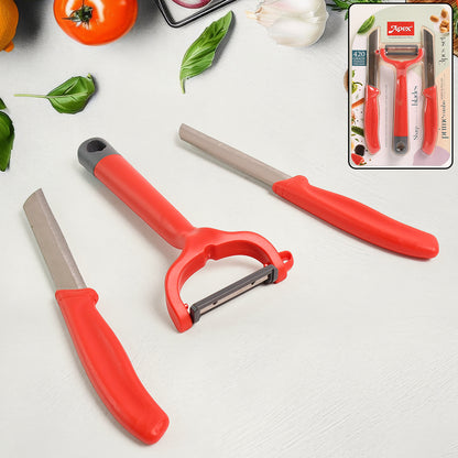 Wukusy Apex 3-piece stainless steel kitchen knife and peeler set with chef knives and peeler on a wooden countertop.
