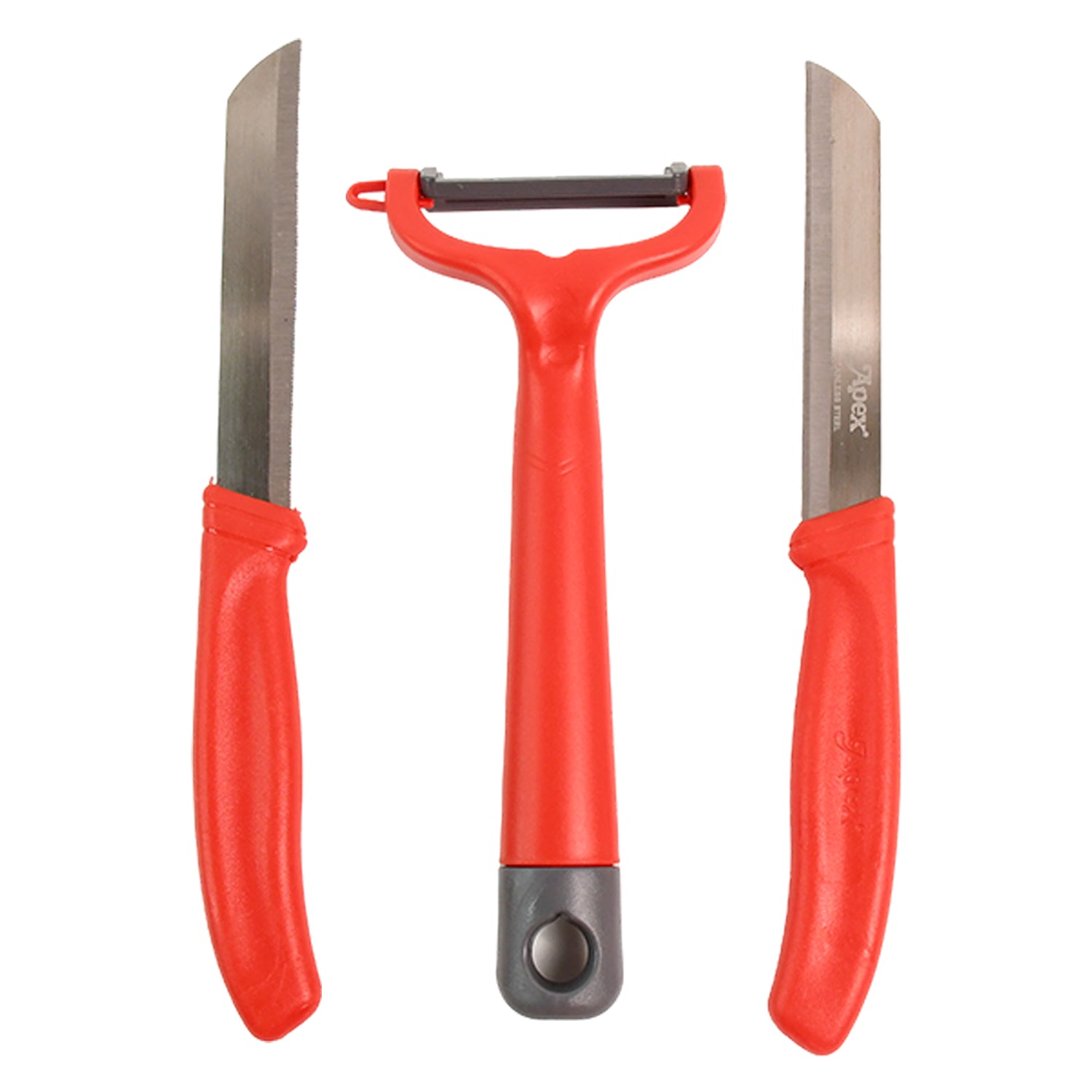 Wukusy Apex 3-piece stainless steel kitchen knife and peeler set with chef's knives and peeler on a wooden countertop.