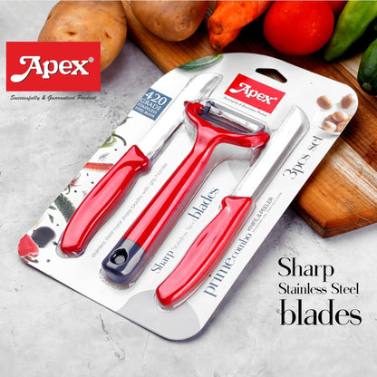 Wukusy Apex 3-piece stainless steel kitchen knife and peeler set with chef's knife, paring knife, and vegetable peeler on a countertop.