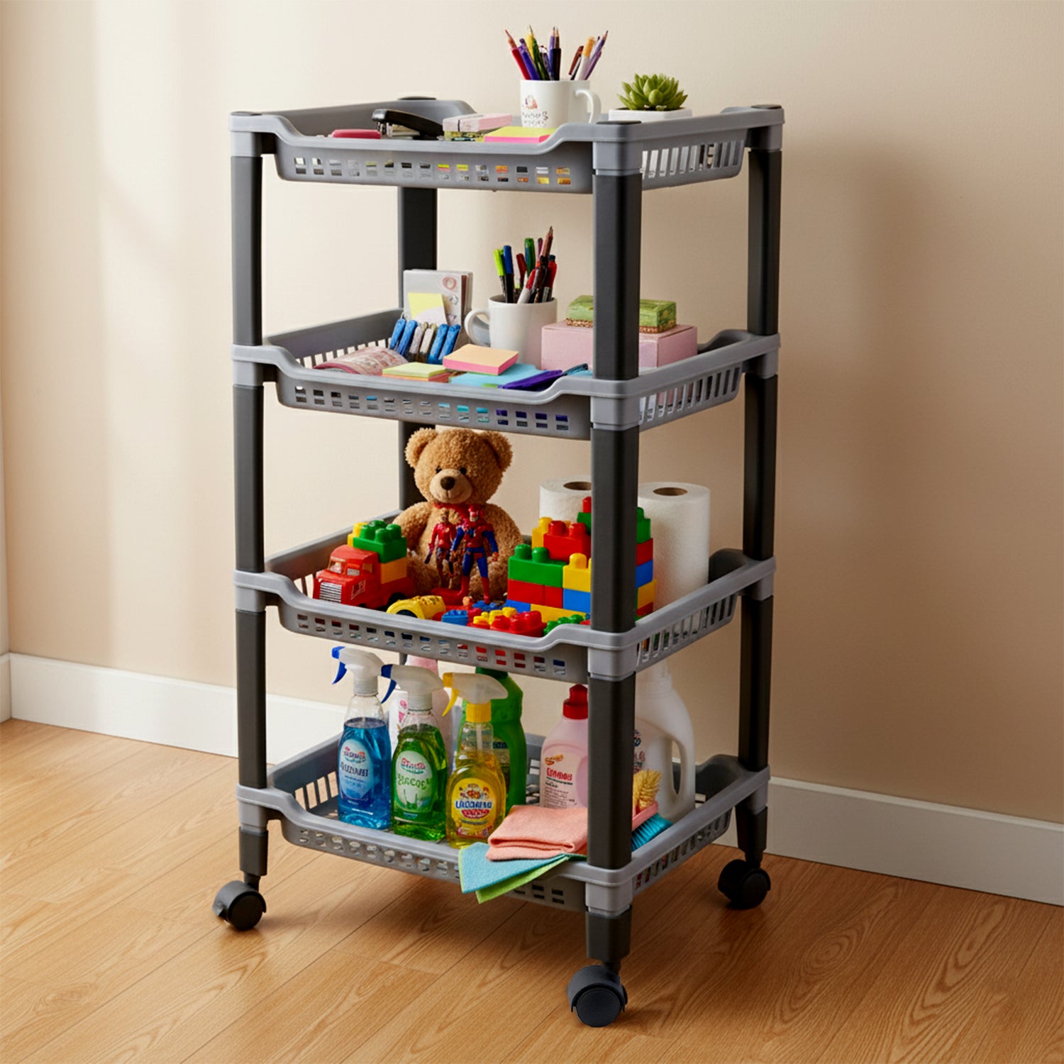 Wukusy Apex 4-layer big plastic storage rack for home and kitchen organization, with multiple spacious shelves for various items.