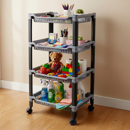 Wukusy Apex 4-layer big plastic storage rack for home and kitchen organization, with multiple spacious shelves for various items.