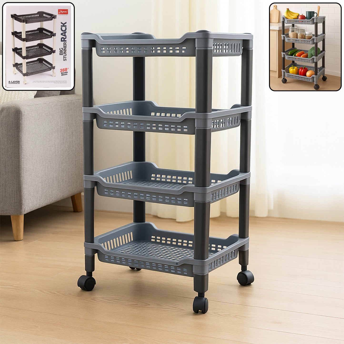 Wukusy Apex 4-layer large plastic storage rack for home and kitchen organization with multiple shelves for versatile storage.