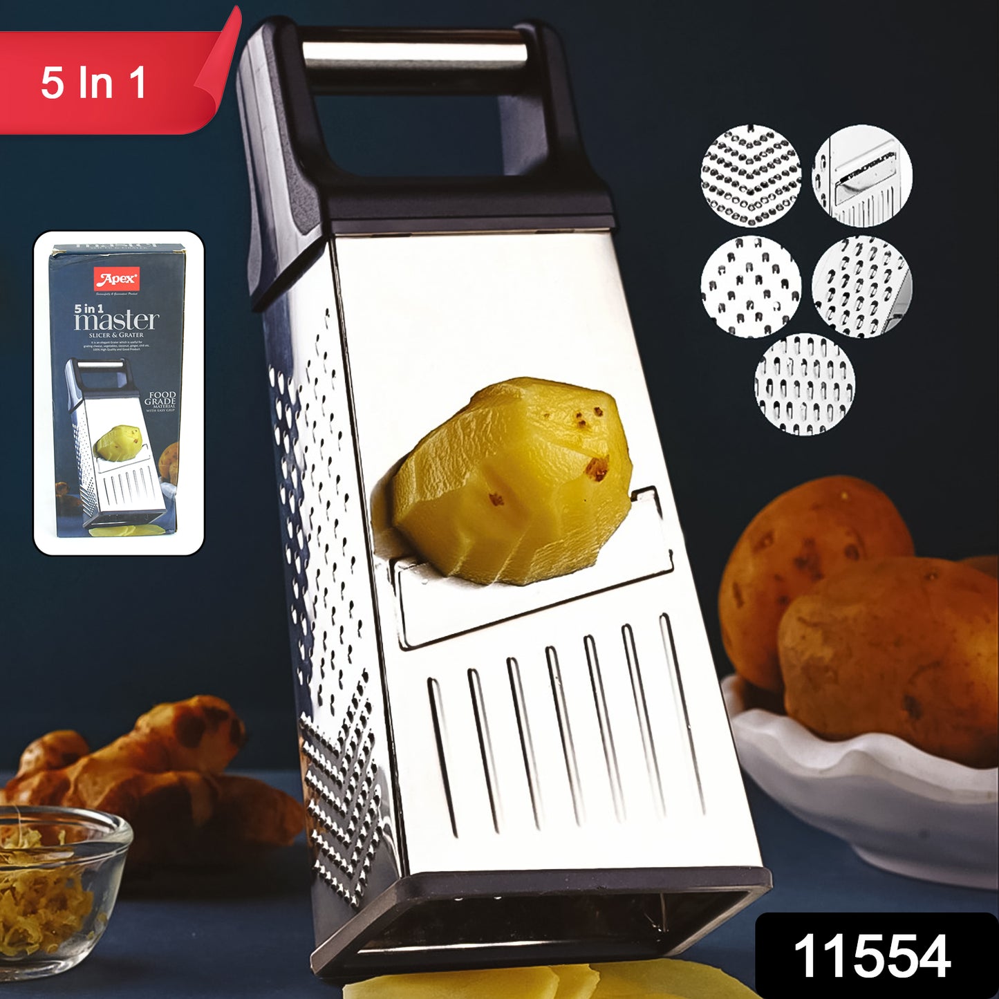 Wukusy Apex 5-in-1 stainless steel multipurpose slicer and grater for home kitchen use, featuring multiple blades for versatile food prep.