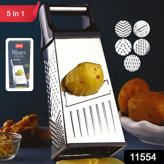 Wukusy Apex 5-in-1 stainless steel multipurpose slicer and grater for home kitchen use, featuring multiple blades for versatile food prep.