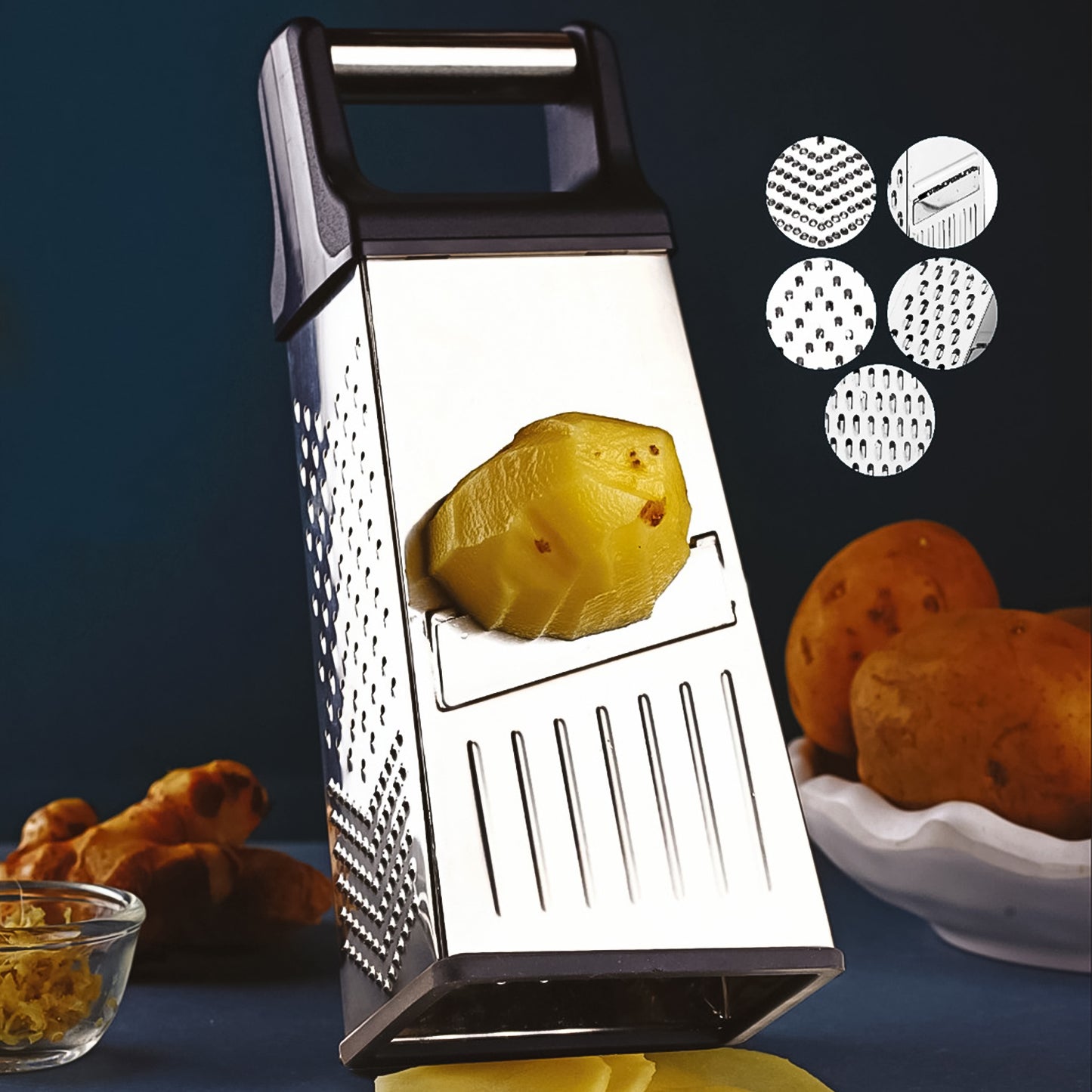 Wukusy Apex 5-in-1 stainless steel multipurpose slicer and grater for home kitchen tasks, featuring multiple blades and textured surfaces.