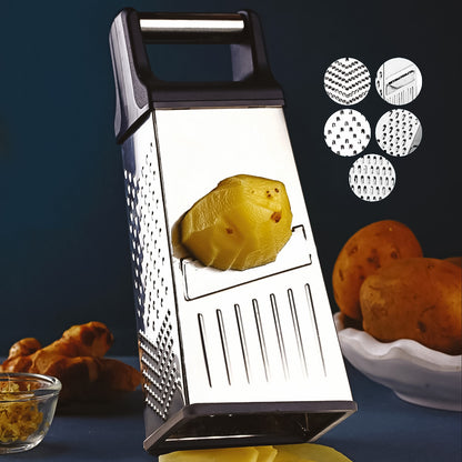 Wukusy Apex 5-in-1 stainless steel multipurpose slicer and grater for home kitchen tasks, featuring multiple blades and textured surfaces.