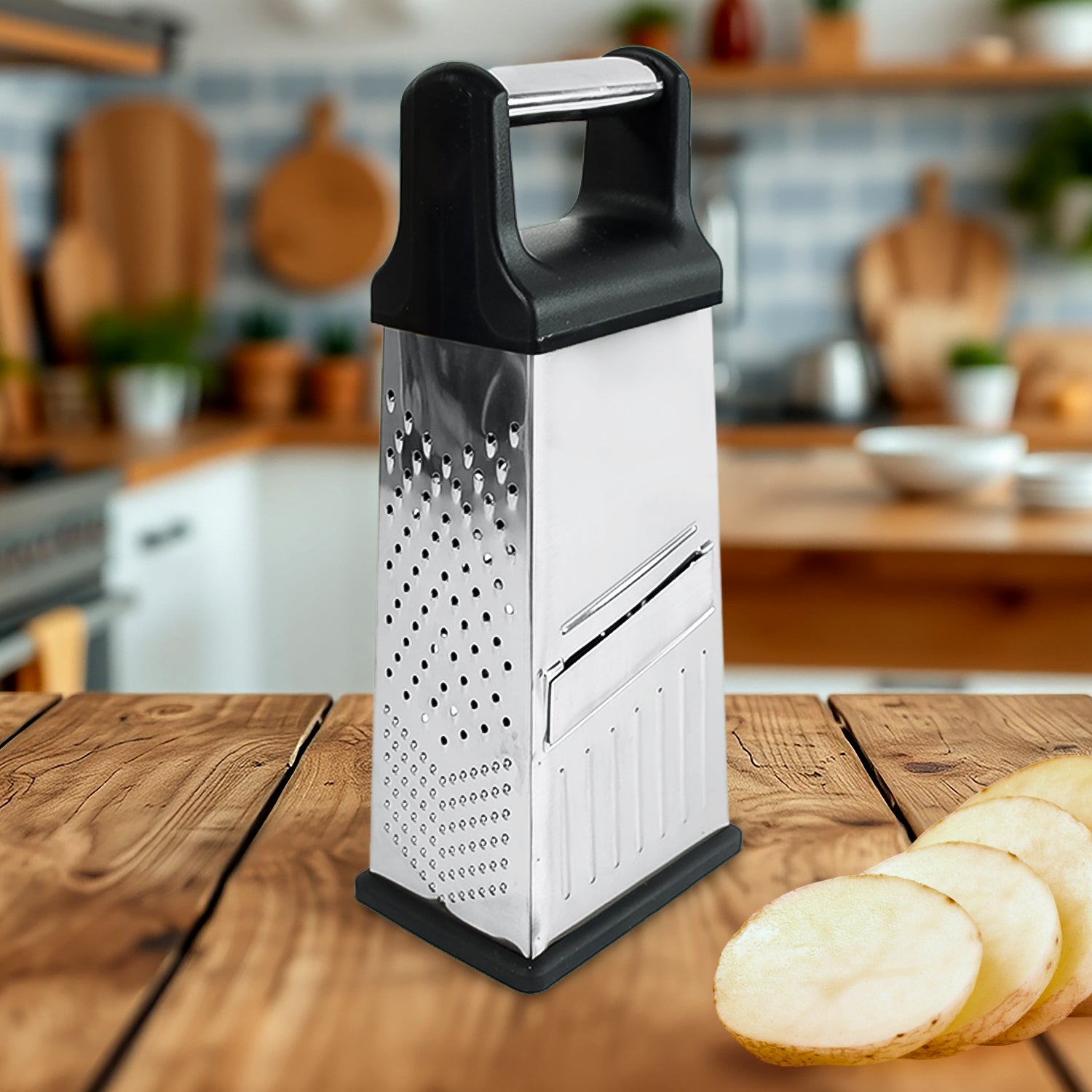 Wukusy Apex 5-in-1 stainless steel multipurpose slicer and grater for home and kitchen use, with interchangeable blades and cleaning tray.