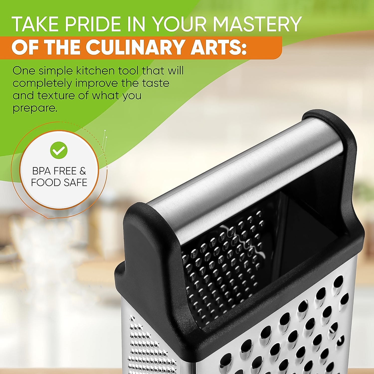 Wukusy Apex 5-in-1 Master stainless steel multipurpose slicer and grater for home kitchen use, with various blades for slicing and grating.