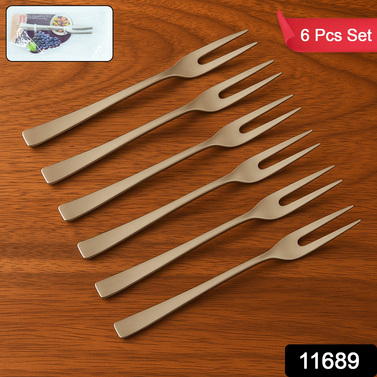 Wukusy Apex 6-in-1 stainless steel fruit fork set with six different fork heads for versatile fruit serving.