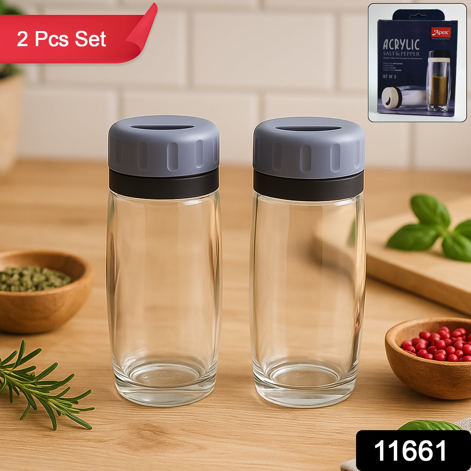 Wukusy Apex acrylic salt and pepper shaker set of 2 for home and kitchen use, clear and modern design.