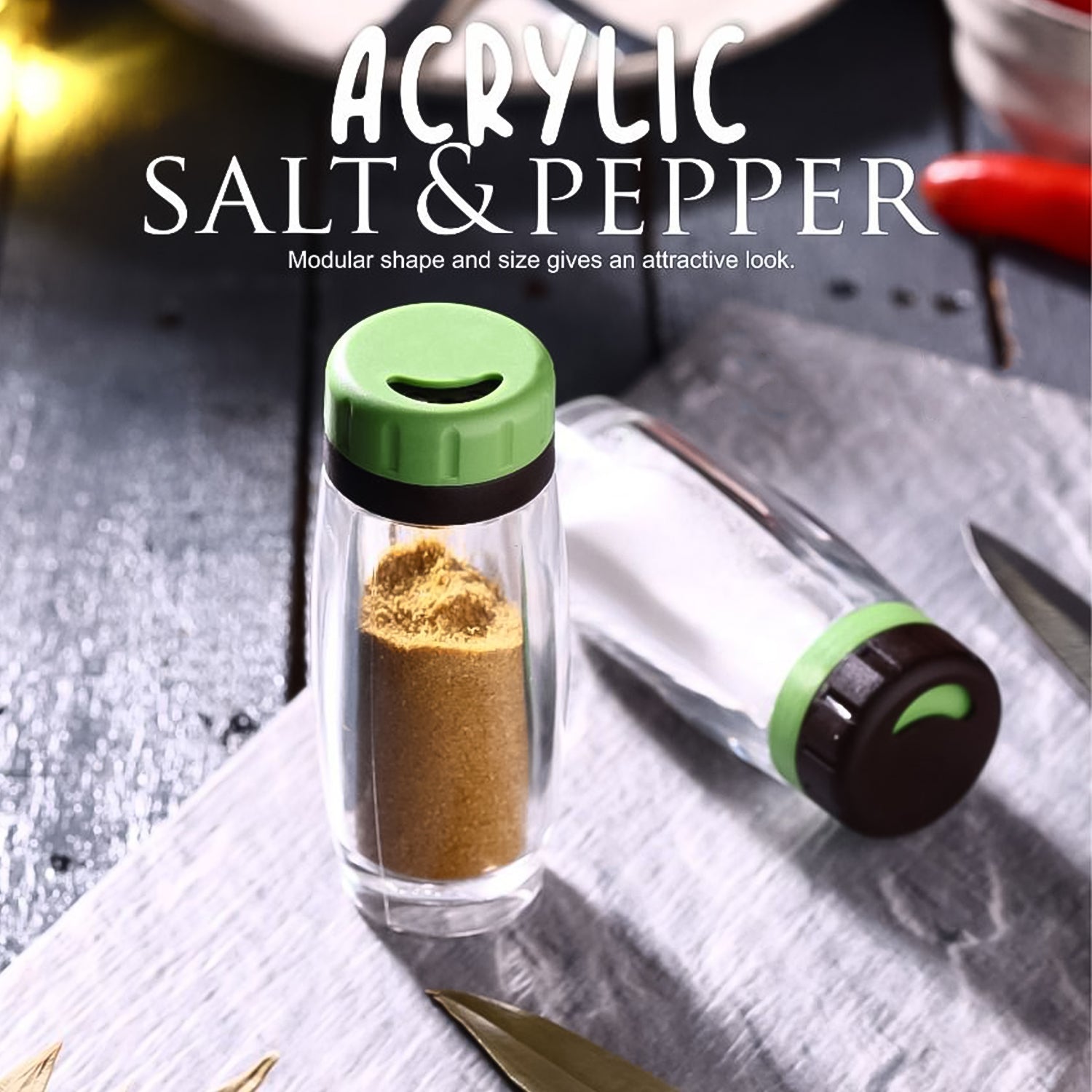 Wukusy Apex acrylic salt and pepper shaker set of 2 for home and kitchen use, clear and modern condiment shakers.