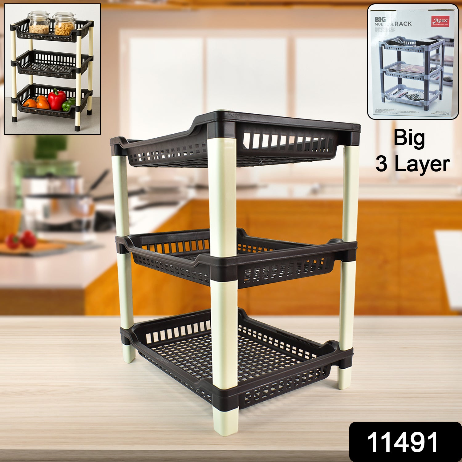Wukusy Apex Big 3-tier plastic storage rack for home and kitchen organization, featuring multiple shelves for versatile storage.