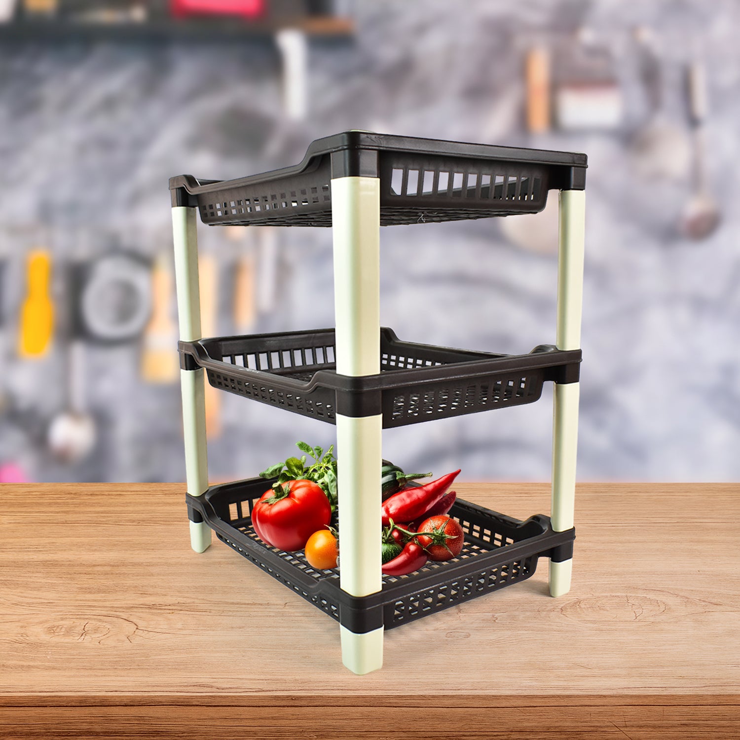 Wukusy Apex Big 3-tier plastic storage rack for home and kitchen organization with multiple compartments and sturdy design