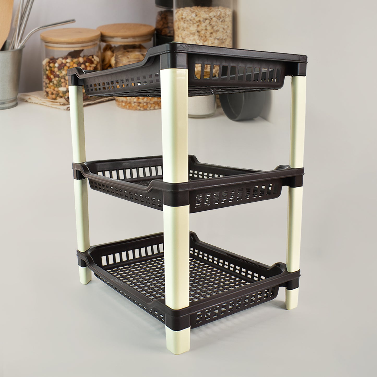 Wukusy Apex Big 3-tier plastic storage rack for home and kitchen organization with multiple compartments