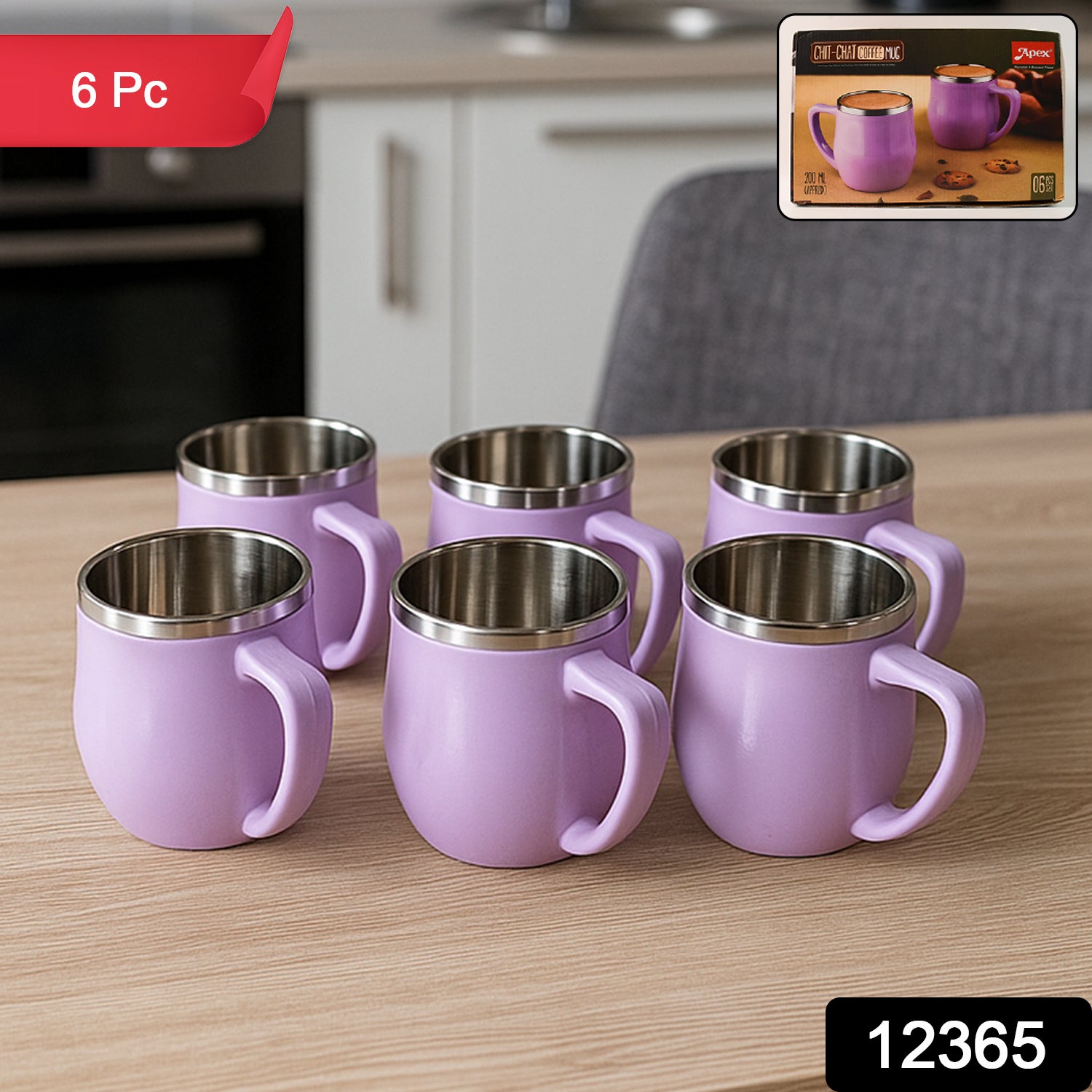Set of six Wukusy Apex Chit-chat double wall stainless steel mugs, 200ml capacity, ideal for home and kitchen use.