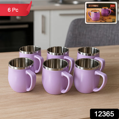Set of six Wukusy Apex Chit-chat double wall stainless steel mugs, 200ml capacity, ideal for home and kitchen use.