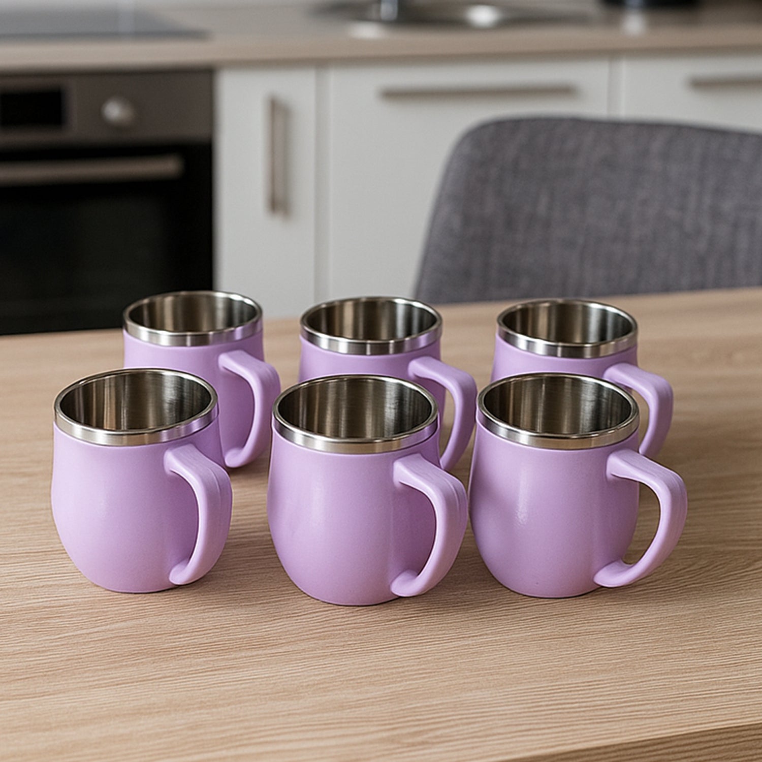 Set of six Wukusy Apex Chit-chat double wall stainless steel mugs, 200ml capacity, ideal for home and kitchen use.