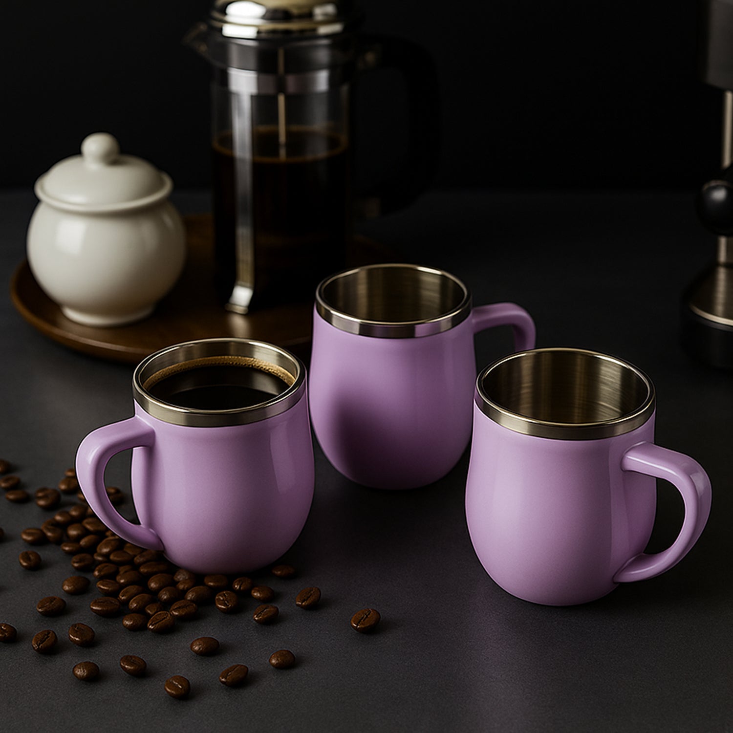 Wukusy Apex Chit-chat double wall stainless steel mug set with six 200ml mugs, suitable for home and kitchen use.