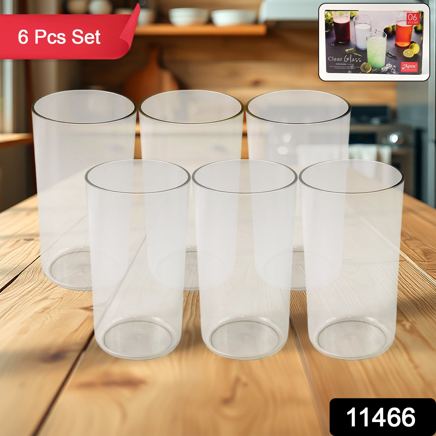 Six unbreakable Apex clear plastic tumblers by Wukusy, perfect for home and kitchen use, showcasing their sleek design and sturdy build.