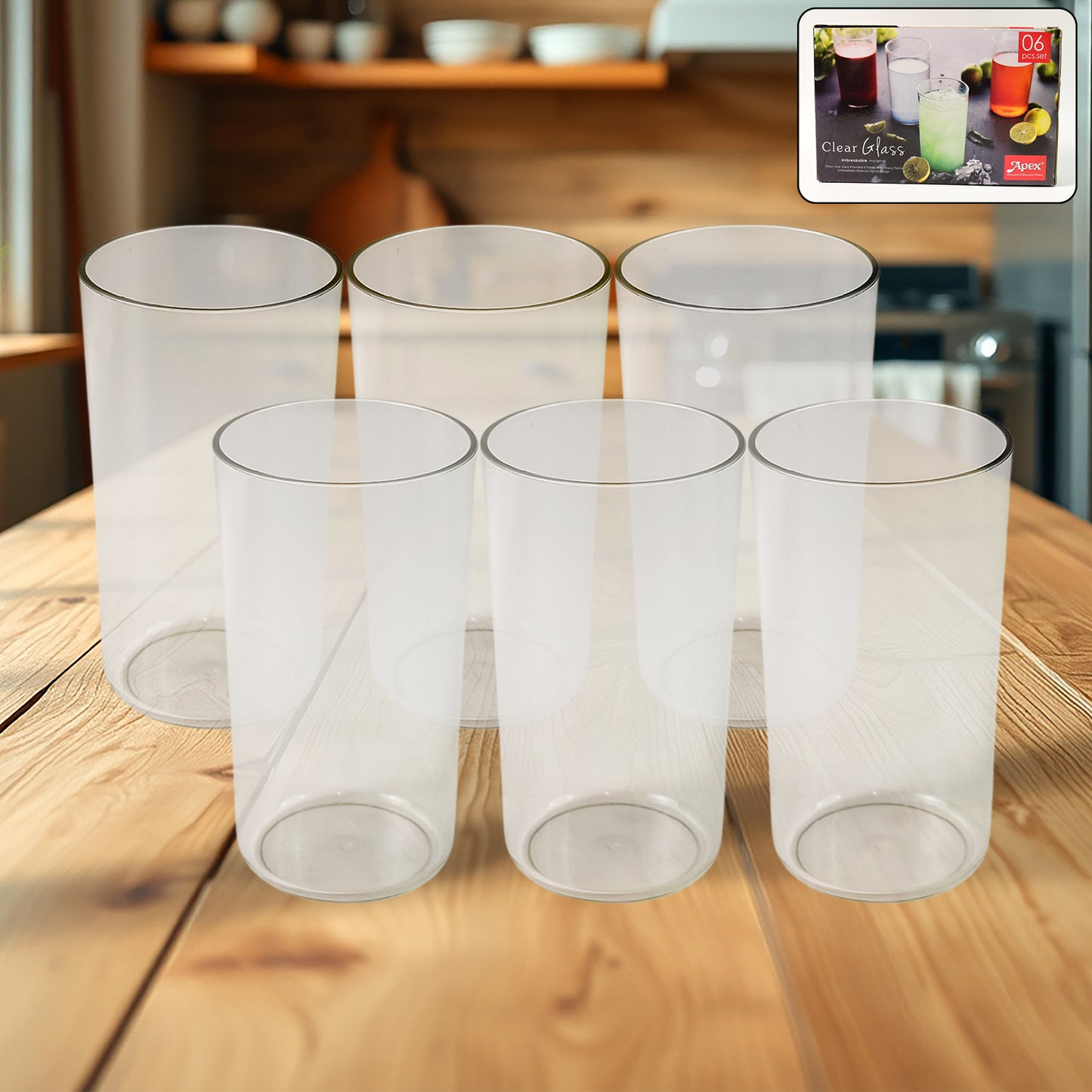 Six Wukusy Apex clear plastic tumblers in a 6-piece unbreakable glass set, perfect for home and kitchen use.