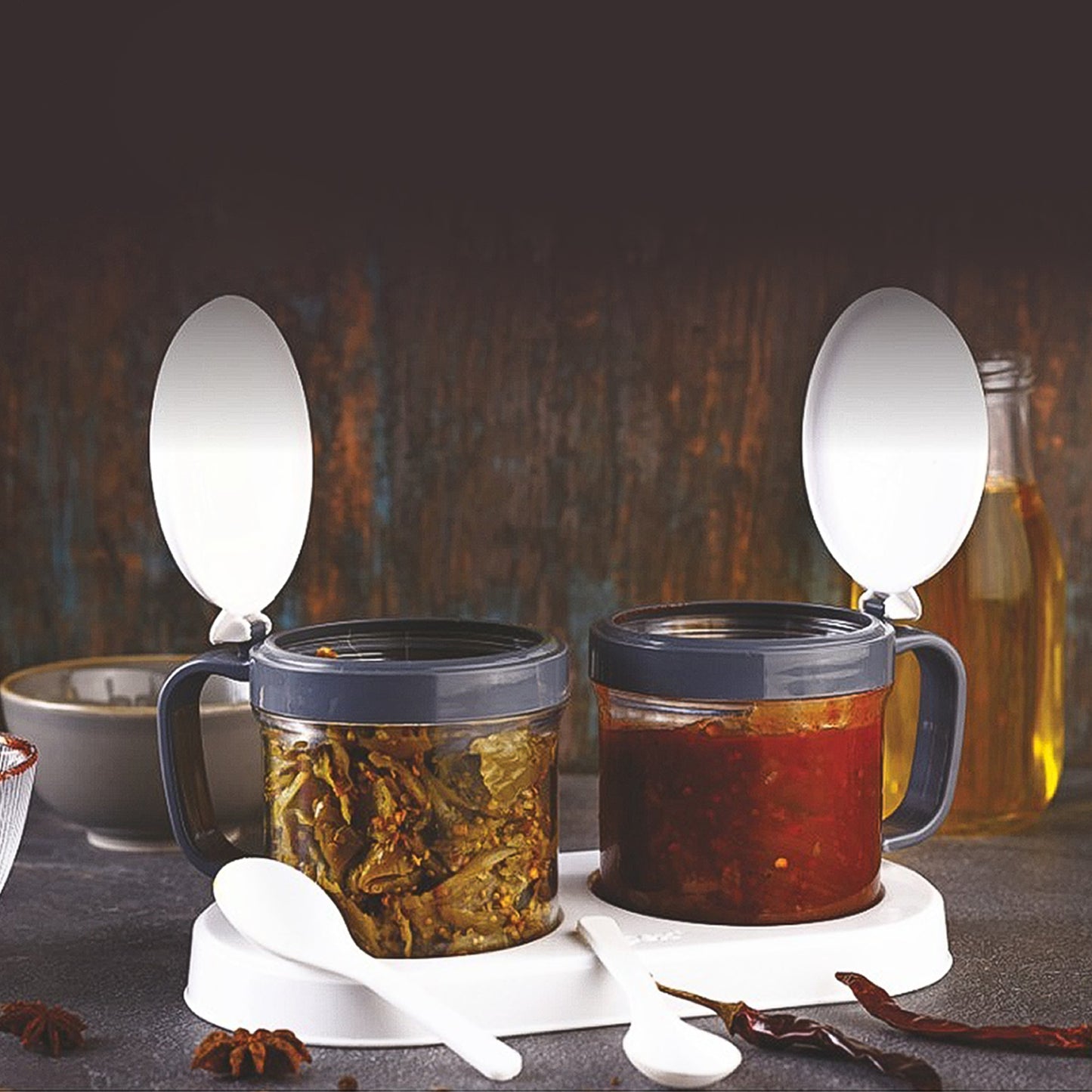 Wukusy Apex Container Pickle set with two clear plastic storage jars for kitchen and home use.