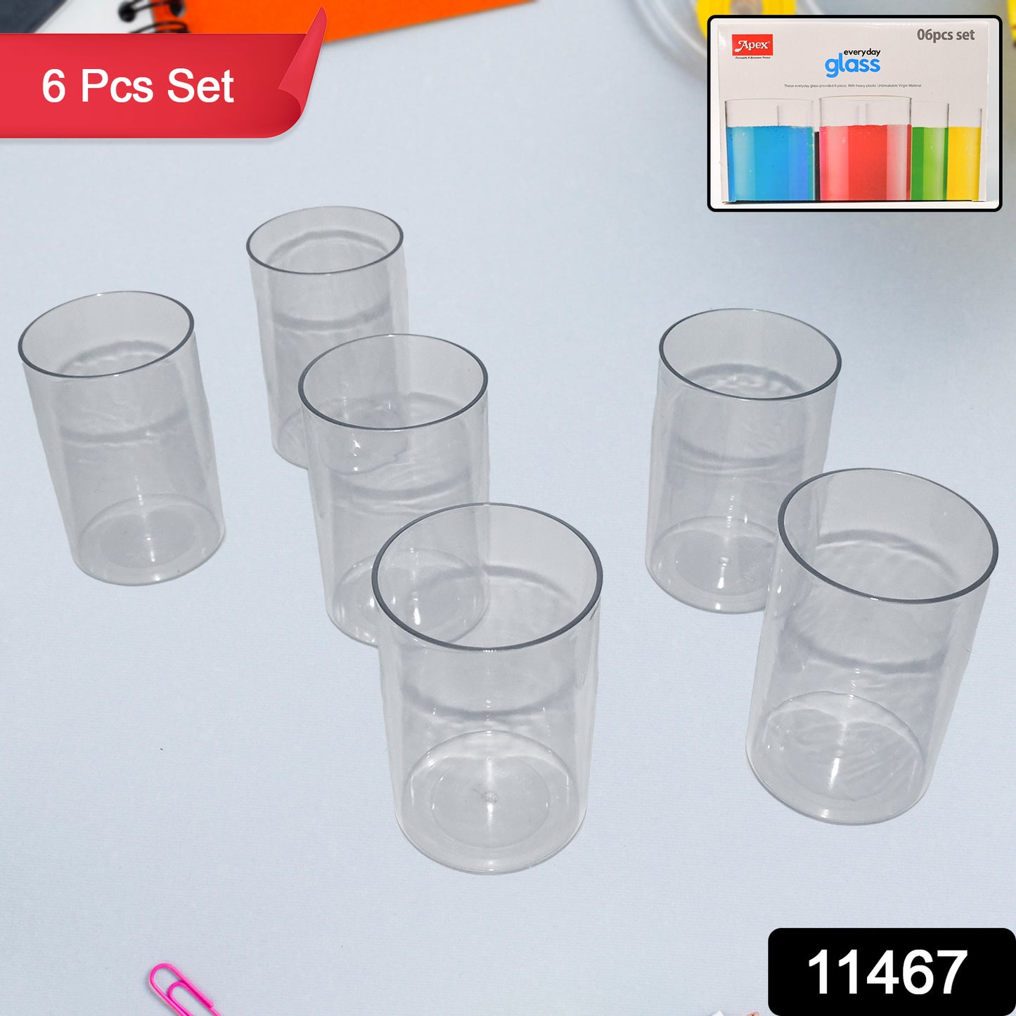 Set of 6 lightweight, unbreakable plastic glasses from Wukusy Apex Everyday collection for home and kitchen use