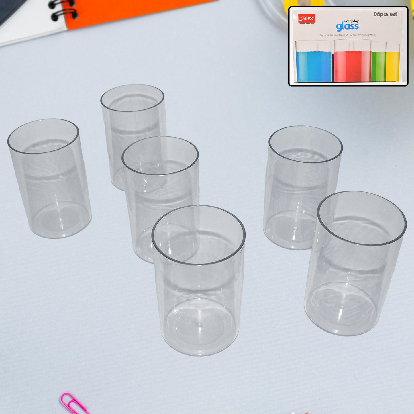 Set of six lightweight unbreakable Apex Everyday plastic glasses by Wukusy, perfect for home and kitchen use.