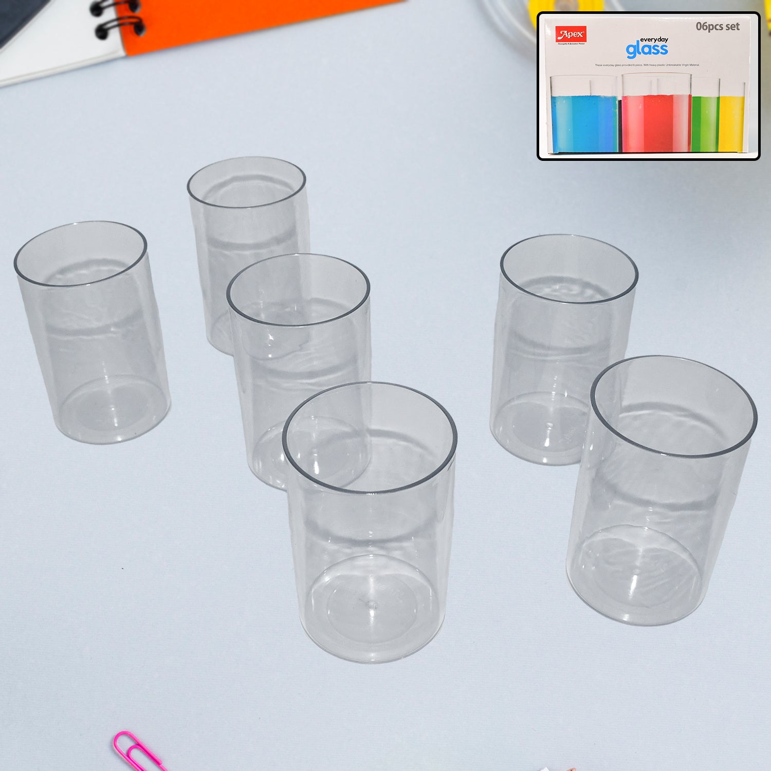 Set of six lightweight unbreakable Apex Everyday plastic glasses by Wukusy, perfect for home and kitchen use.
