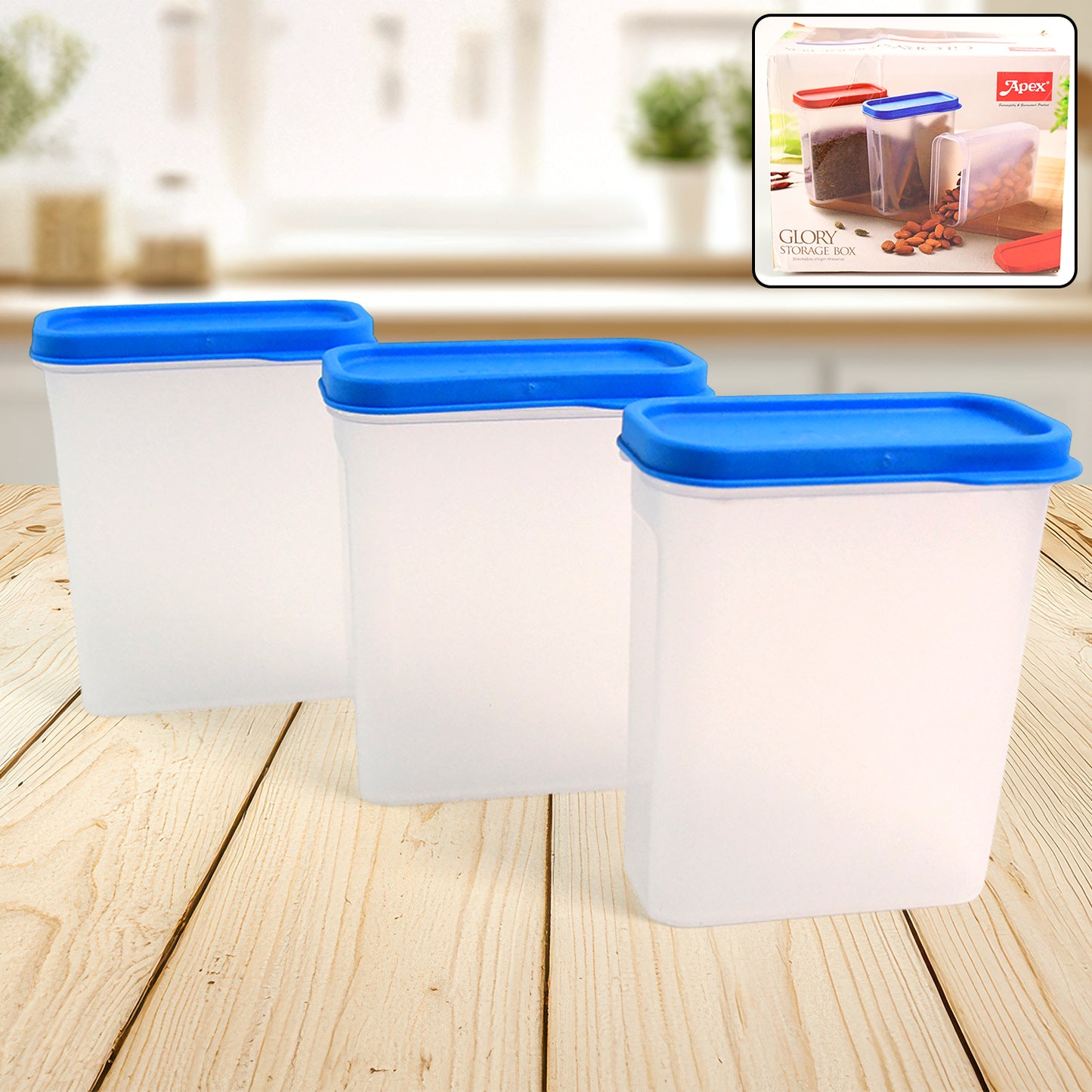 Wukusy Apex Glory 3-piece food storage container set for kitchen organization, with clear lids and stackable design.