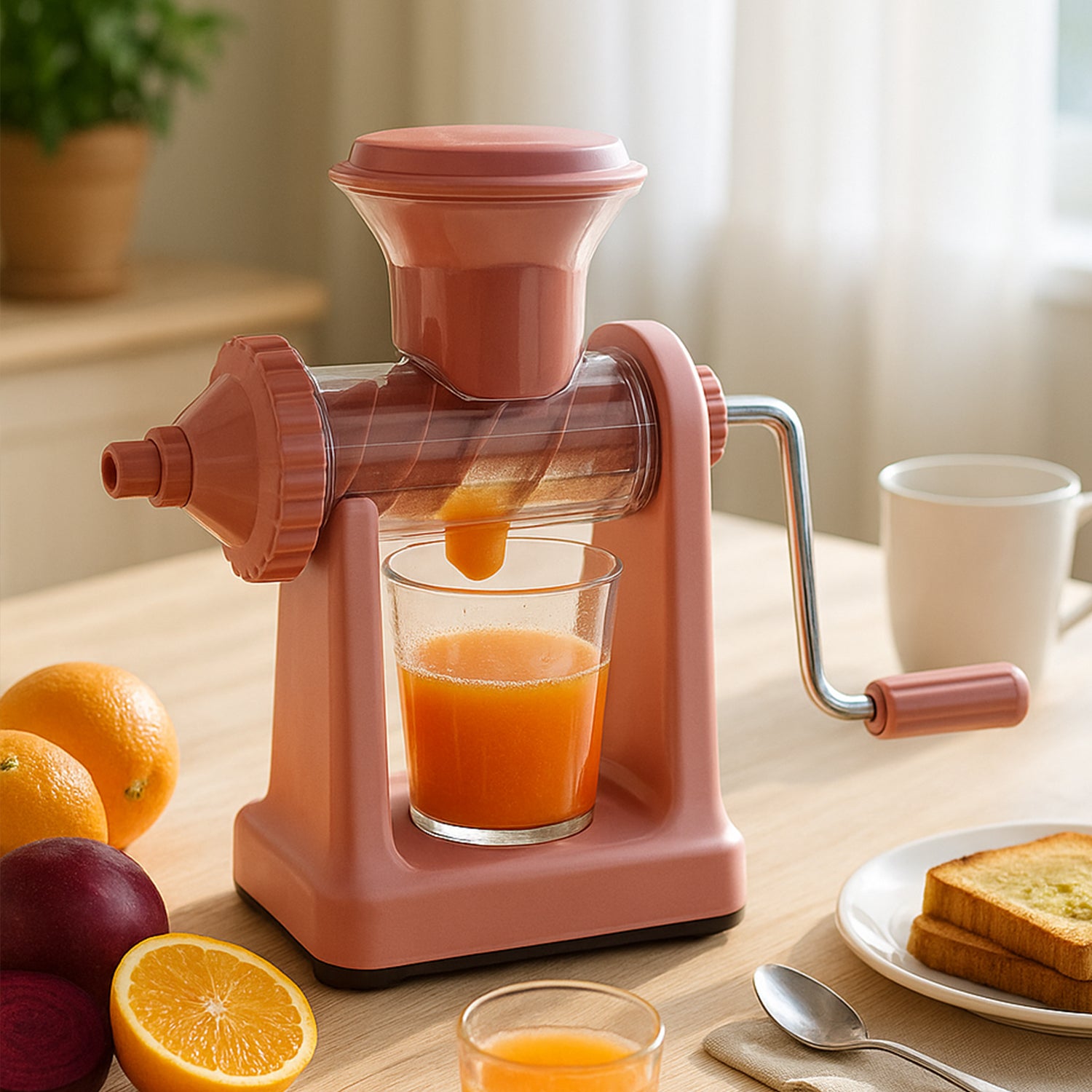 Wukusy Apex heavy-duty manual hand juicer machine set for home kitchen use, stainless steel design for fresh citrus juice extraction.