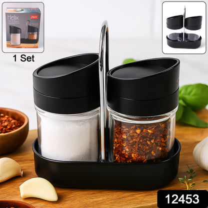 Wukusy Apex Helix salt and pepper plastic jar set with stand for kitchen storage and seasoning.