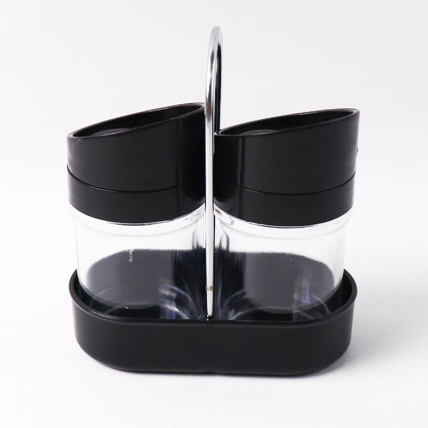 Wukusy Apex Helix salt and pepper 2-piece plastic jar set with stand for kitchen use, featuring clear jars with twist-off lids.