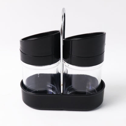 Wukusy Apex Helix salt and pepper 2-piece plastic jar set with stand for kitchen use, featuring clear jars with twist-off lids.