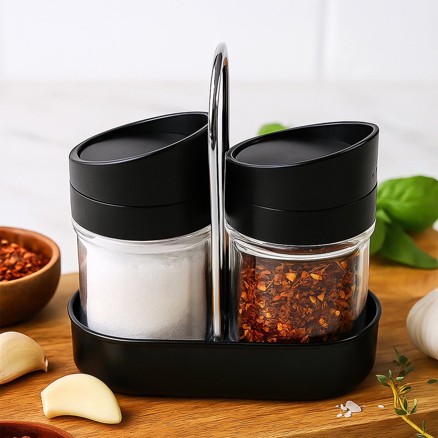 Wukusy Apex Helix salt and pepper plastic jar set with stand for kitchen storage, featuring clear jars with twist lids.