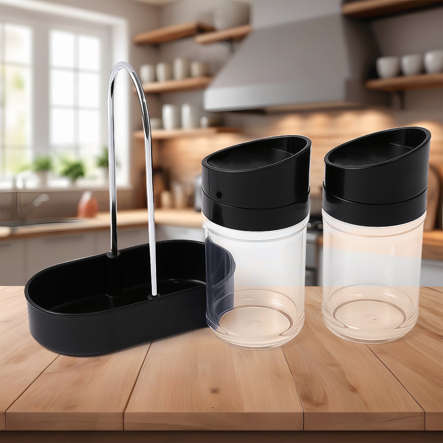 Wukusy Apex Helix salt and pepper plastic jars with stand, 2-piece kitchen spice storage set for home use.