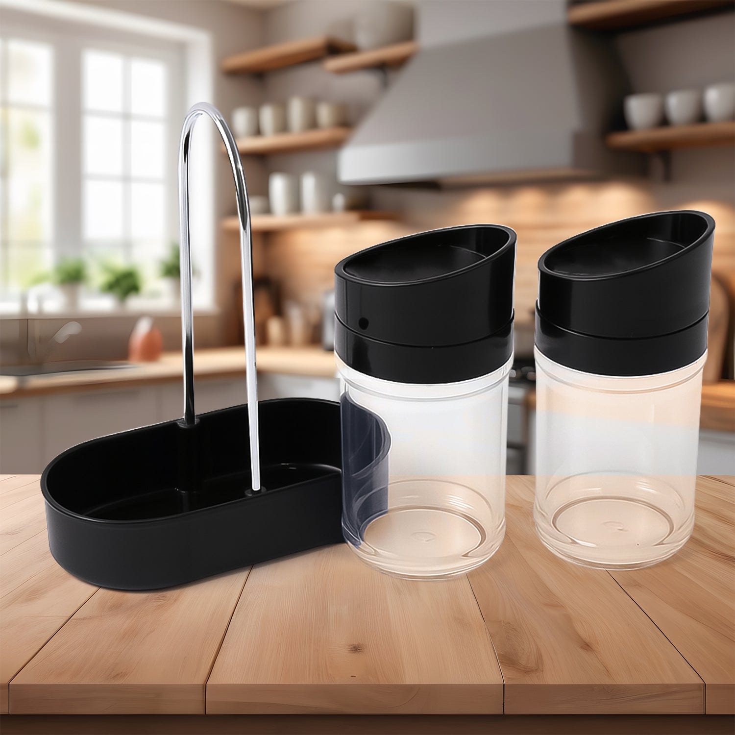 Wukusy Apex Helix salt and pepper plastic jars with stand, 2-piece kitchen spice storage set for home use.