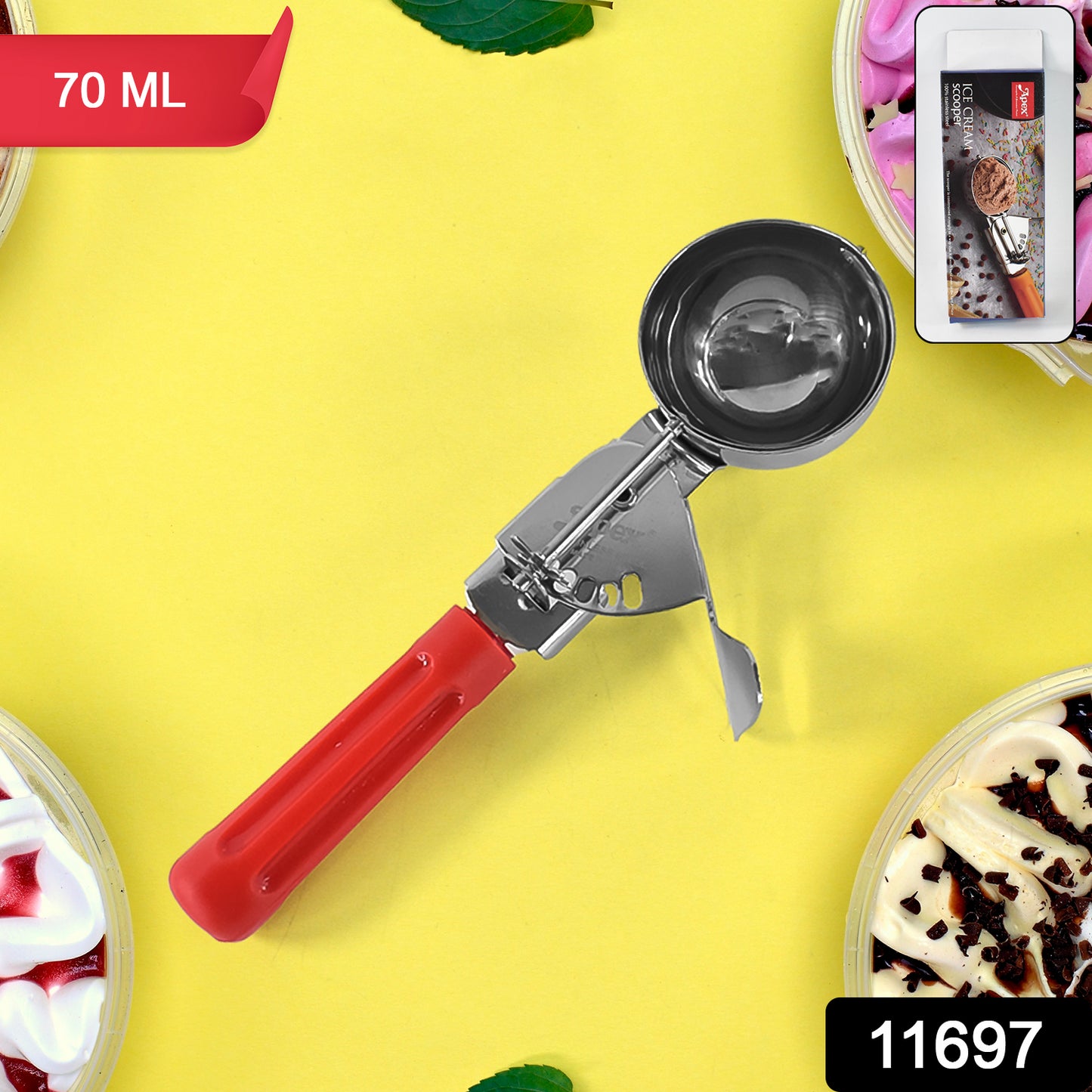 Wukusy Apex ice cream scoop with 70ml stainless steel head and ergonomic handle, ideal for home and kitchen use.
