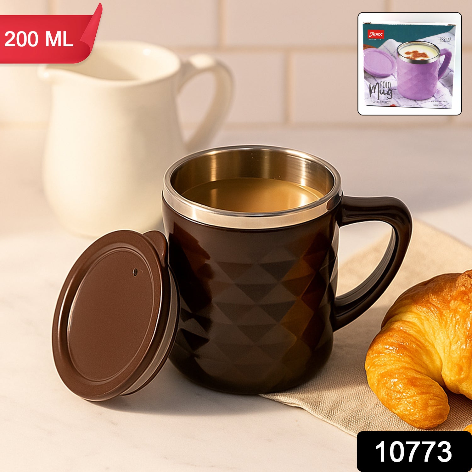 Wukusy Apex insulated tea and coffee mug, 1-piece, stainless steel with handle, designed for hot beverages, in a home and kitchen setting.