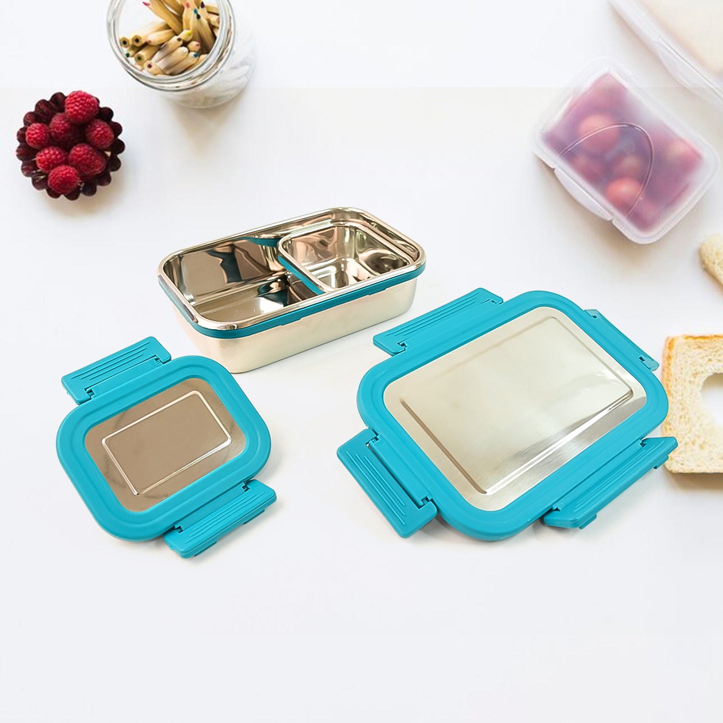Wukusy Apex Jerry lunch box set with two stainless steel food containers, 700ml and 200ml capacity, for home and kitchen use.