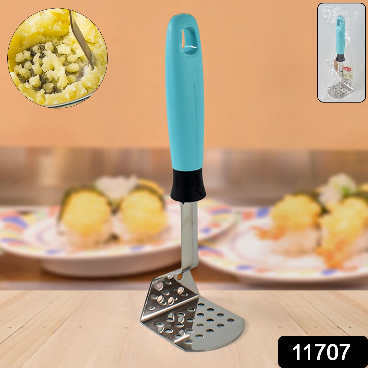 Stainless steel Apex L-handle potato masher with ergonomic grip, ideal for home kitchen use by Wukusy.