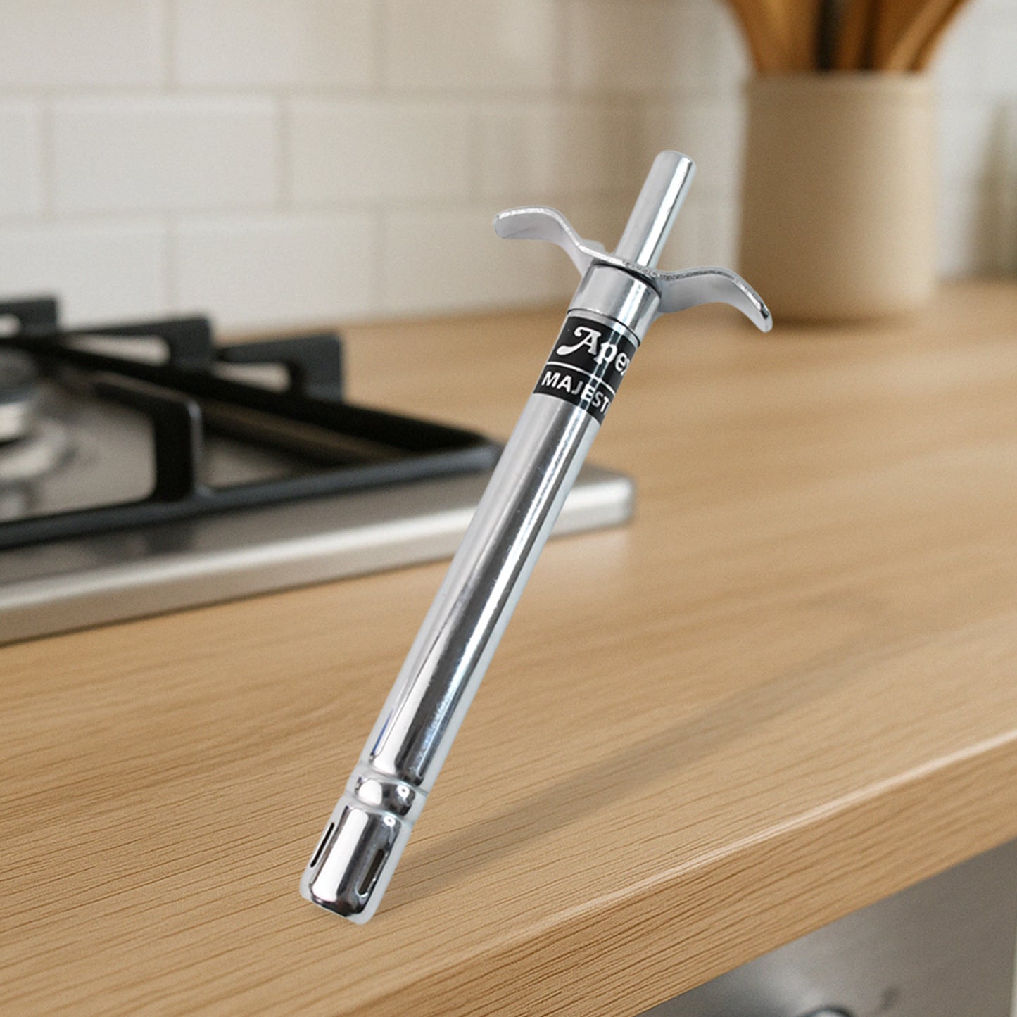 Wukusy Apex Majestic stainless steel gas lighter for home and kitchen use, with a sleek, durable design.