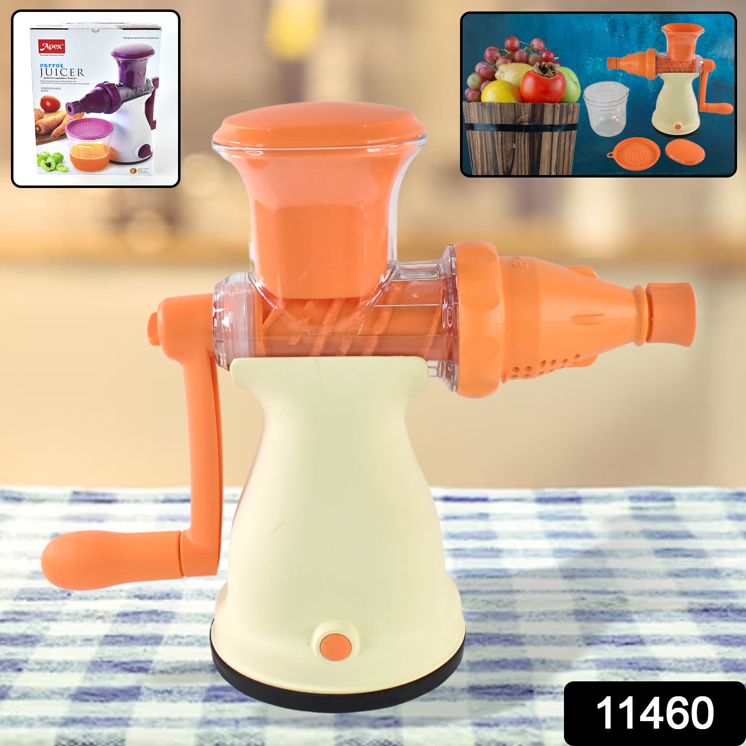 Wukusy Apex manual carrot and fruit juicer with a glass container, heavy-duty design, suitable for home kitchen use
