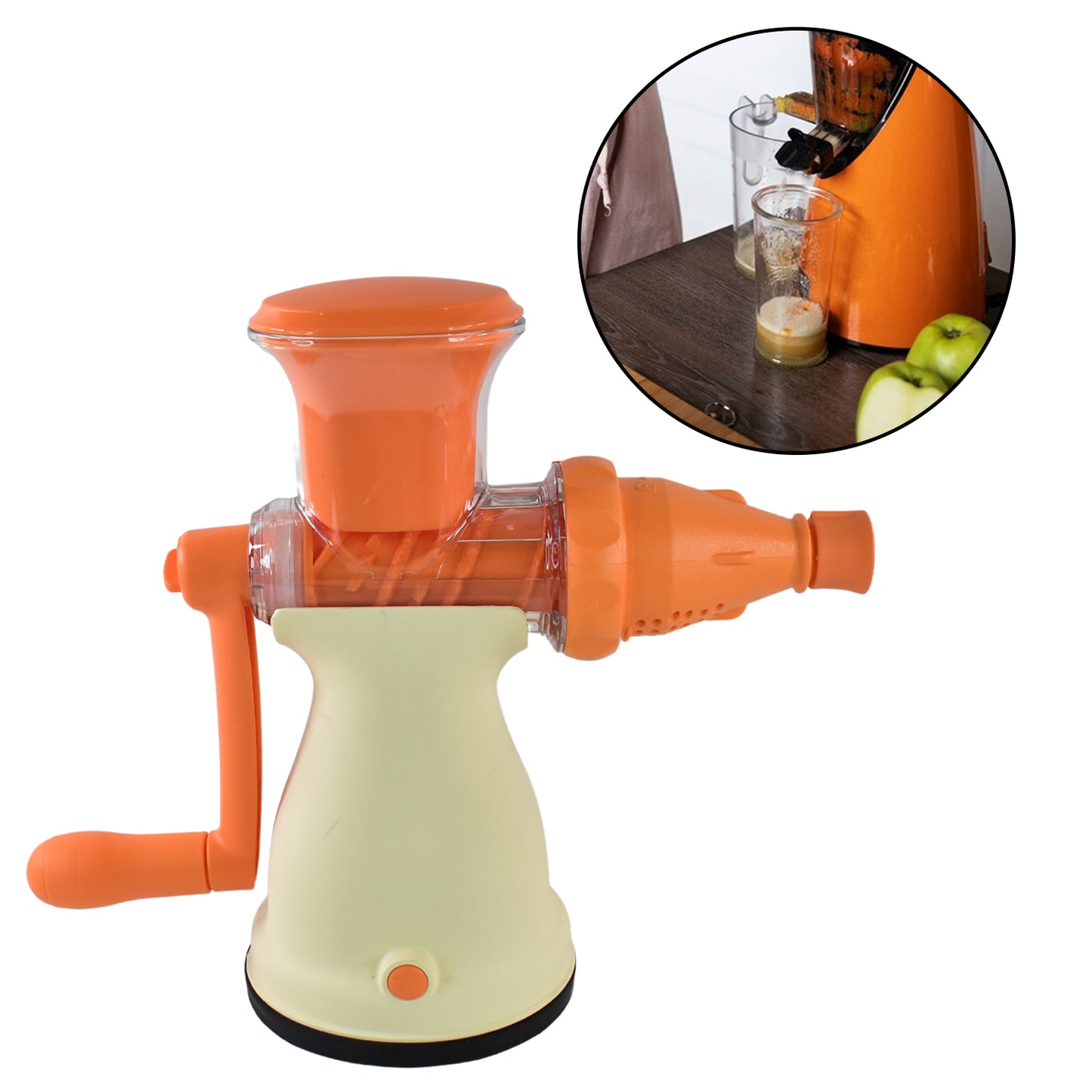 Wukusy Apex manual carrot and fruit juicer with glass, heavy-duty kitchen tool for fresh juice preparation.
